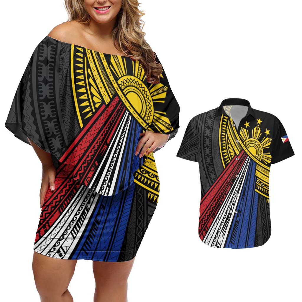 Philippines Sun Couples Matching Off Shoulder Short Dress and Hawaiian Shirt Pasifika Tribal Style