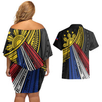 Philippines Sun Couples Matching Off Shoulder Short Dress and Hawaiian Shirt Pasifika Tribal Style