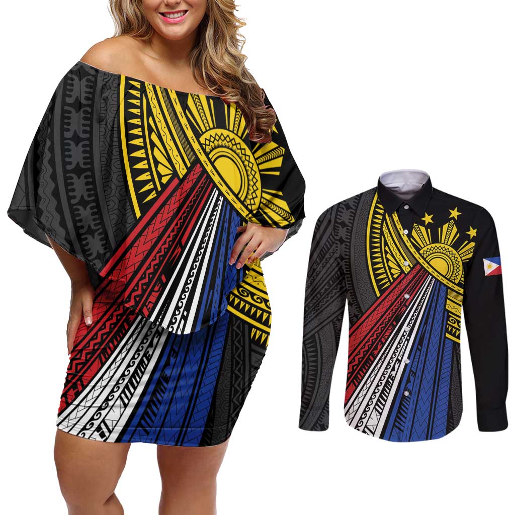 Philippines Sun Couples Matching Off Shoulder Short Dress and Long Sleeve Button Shirt Pasifika Tribal Style