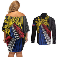 Philippines Sun Couples Matching Off Shoulder Short Dress and Long Sleeve Button Shirt Pasifika Tribal Style