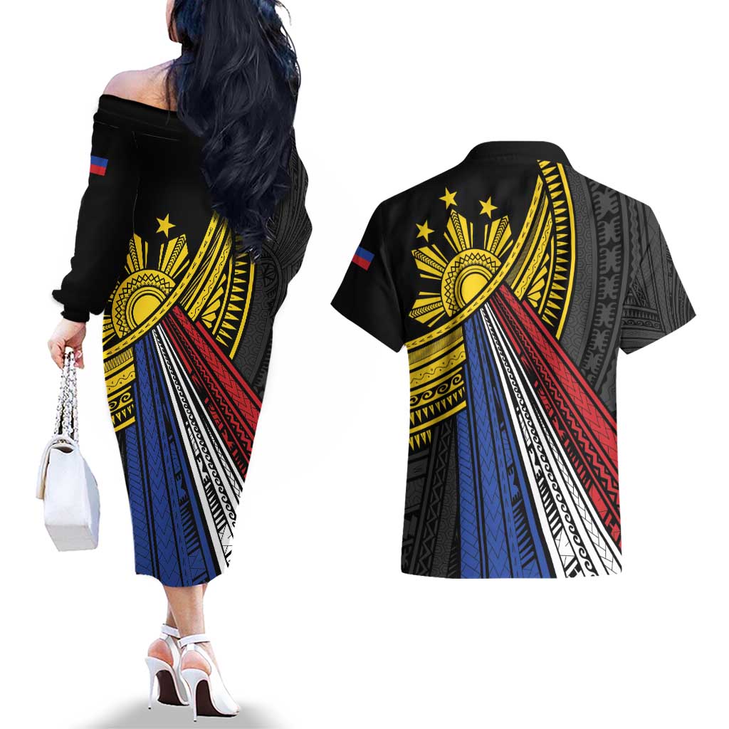 Philippines Sun Couples Matching Off The Shoulder Long Sleeve Dress and Hawaiian Shirt Pasifika Tribal Style