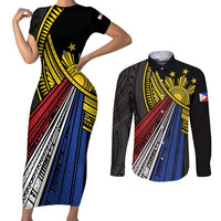 Philippines Sun Couples Matching Short Sleeve Bodycon Dress and Long Sleeve Button Shirt Pasifika Tribal Style