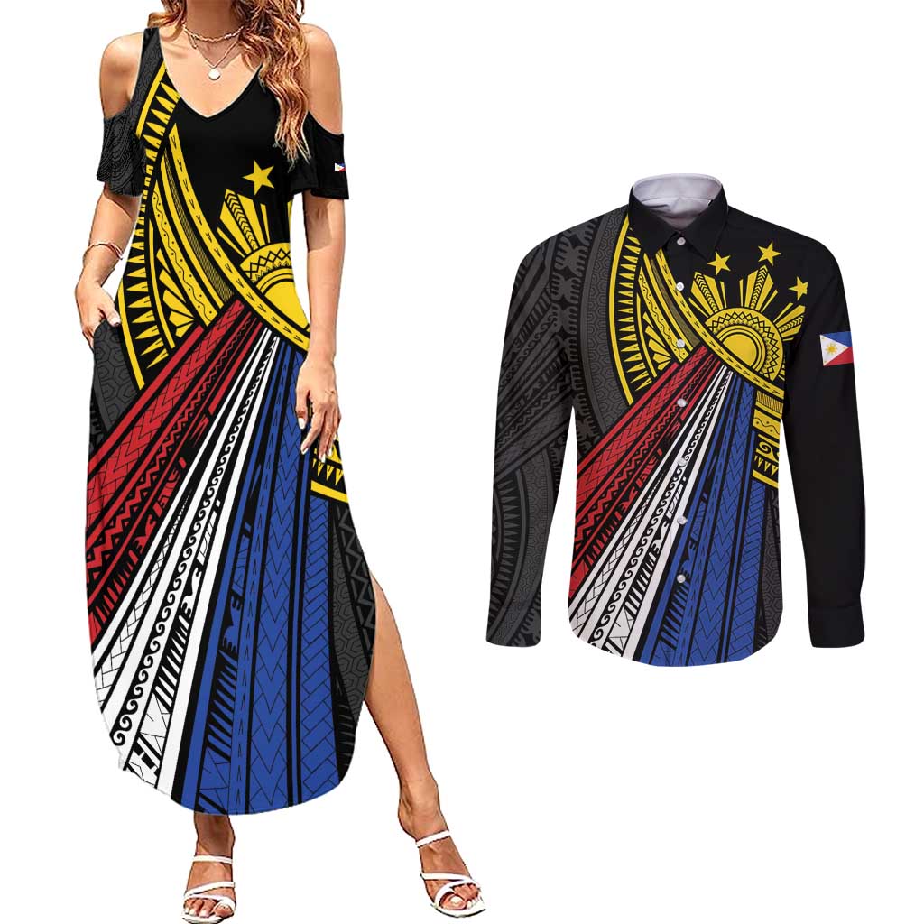 Philippines Sun Couples Matching Summer Maxi Dress and Long Sleeve Button Shirt Pasifika Tribal Style