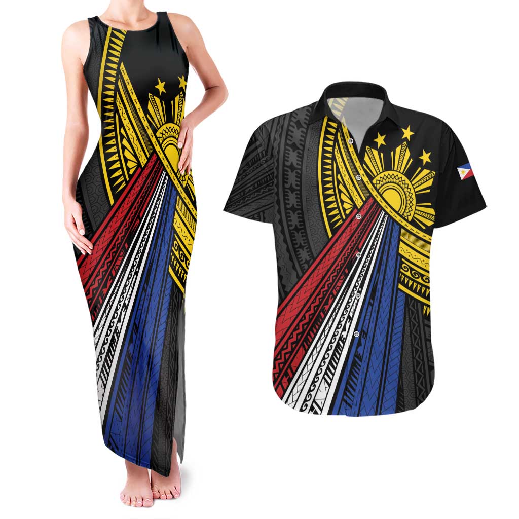 Philippines Sun Couples Matching Tank Maxi Dress and Hawaiian Shirt Pasifika Tribal Style