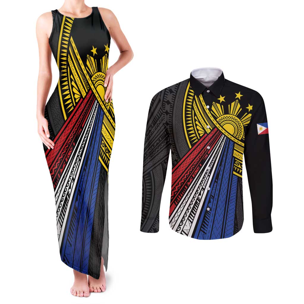 Philippines Sun Couples Matching Tank Maxi Dress and Long Sleeve Button Shirt Pasifika Tribal Style