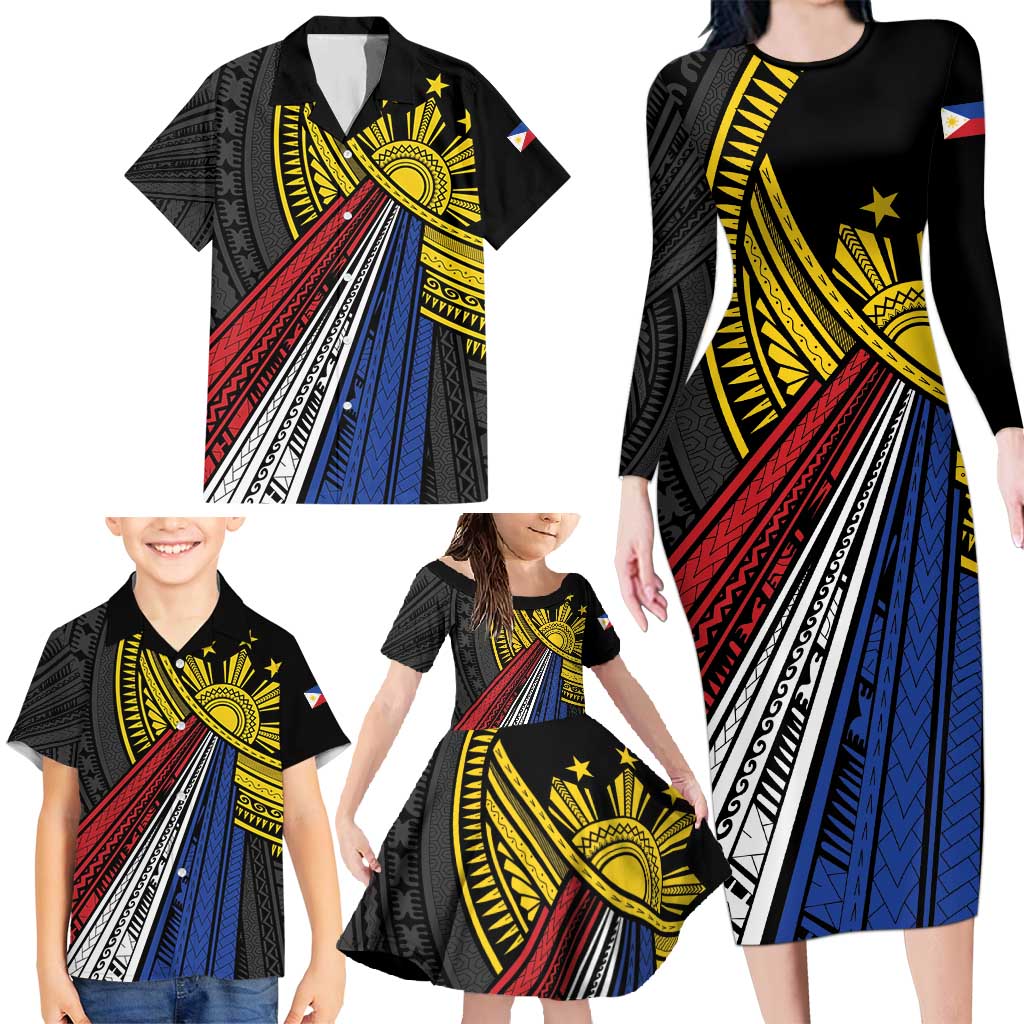 Philippines Sun Family Matching Long Sleeve Bodycon Dress and Hawaiian Shirt Pasifika Tribal Style