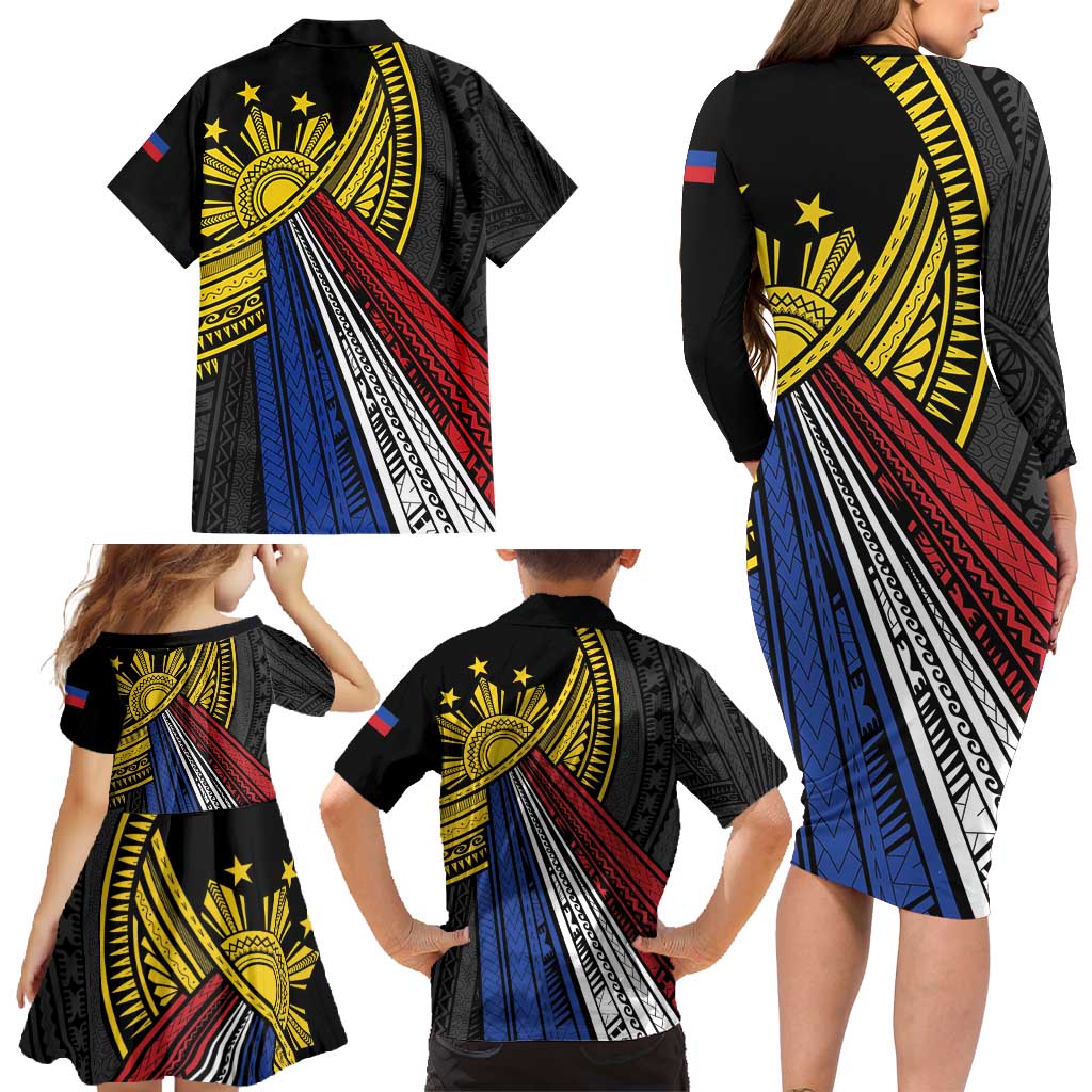Philippines Sun Family Matching Long Sleeve Bodycon Dress and Hawaiian Shirt Pasifika Tribal Style