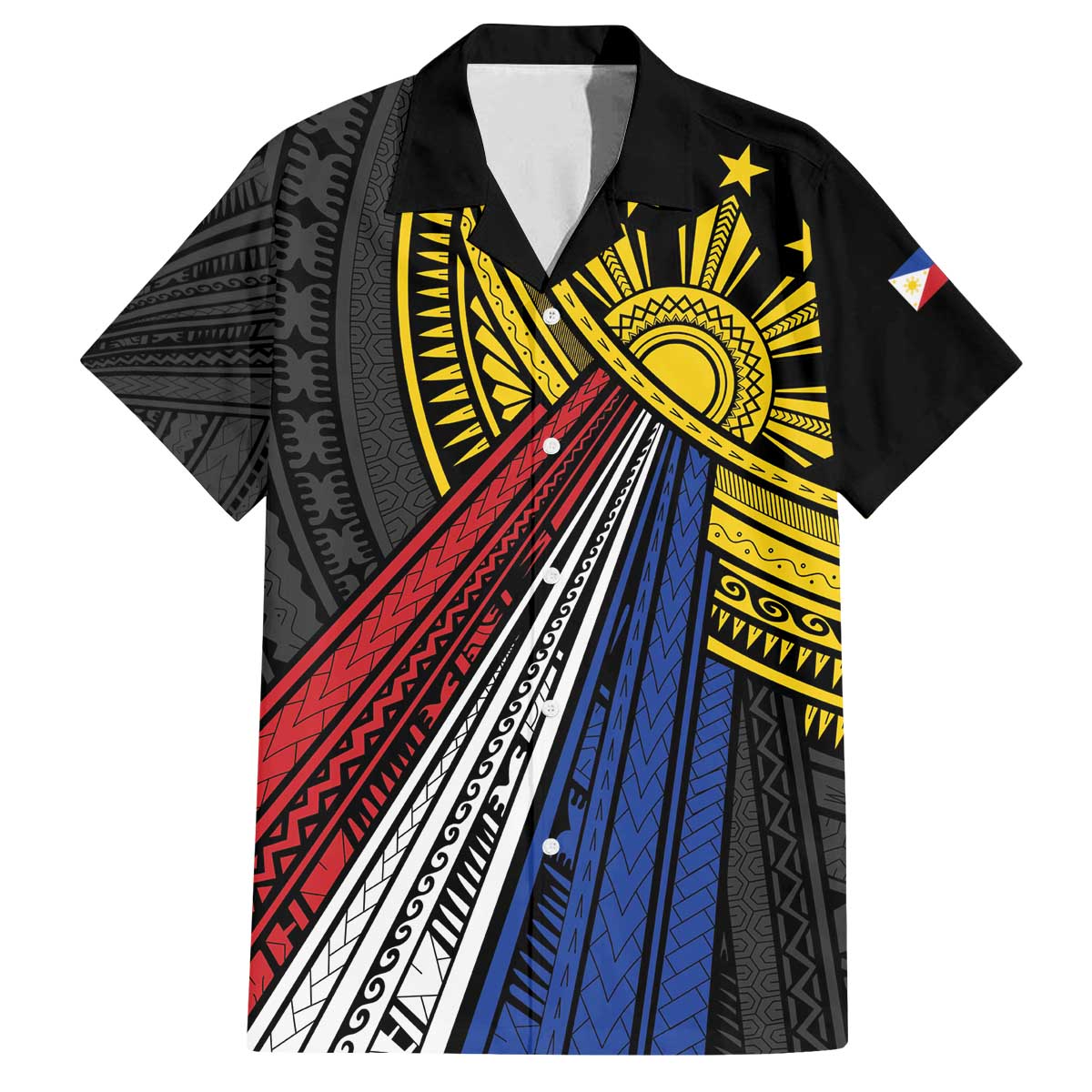 Philippines Sun Family Matching Off The Shoulder Long Sleeve Dress and Hawaiian Shirt Pasifika Tribal Style LT7 Dad's Shirt - Short Sleeve Black - Polynesian Pride