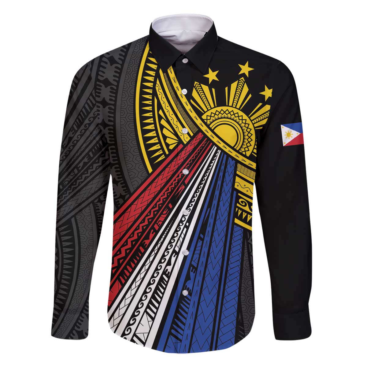 Philippines Sun Family Matching Off The Shoulder Long Sleeve Dress and Hawaiian Shirt Pasifika Tribal Style LT7 Dad's Shirt - Long Sleeve Black - Polynesian Pride