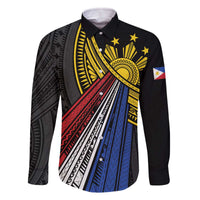 Philippines Sun Family Matching Off The Shoulder Long Sleeve Dress and Hawaiian Shirt Pasifika Tribal Style LT7 Dad's Shirt - Long Sleeve Black - Polynesian Pride