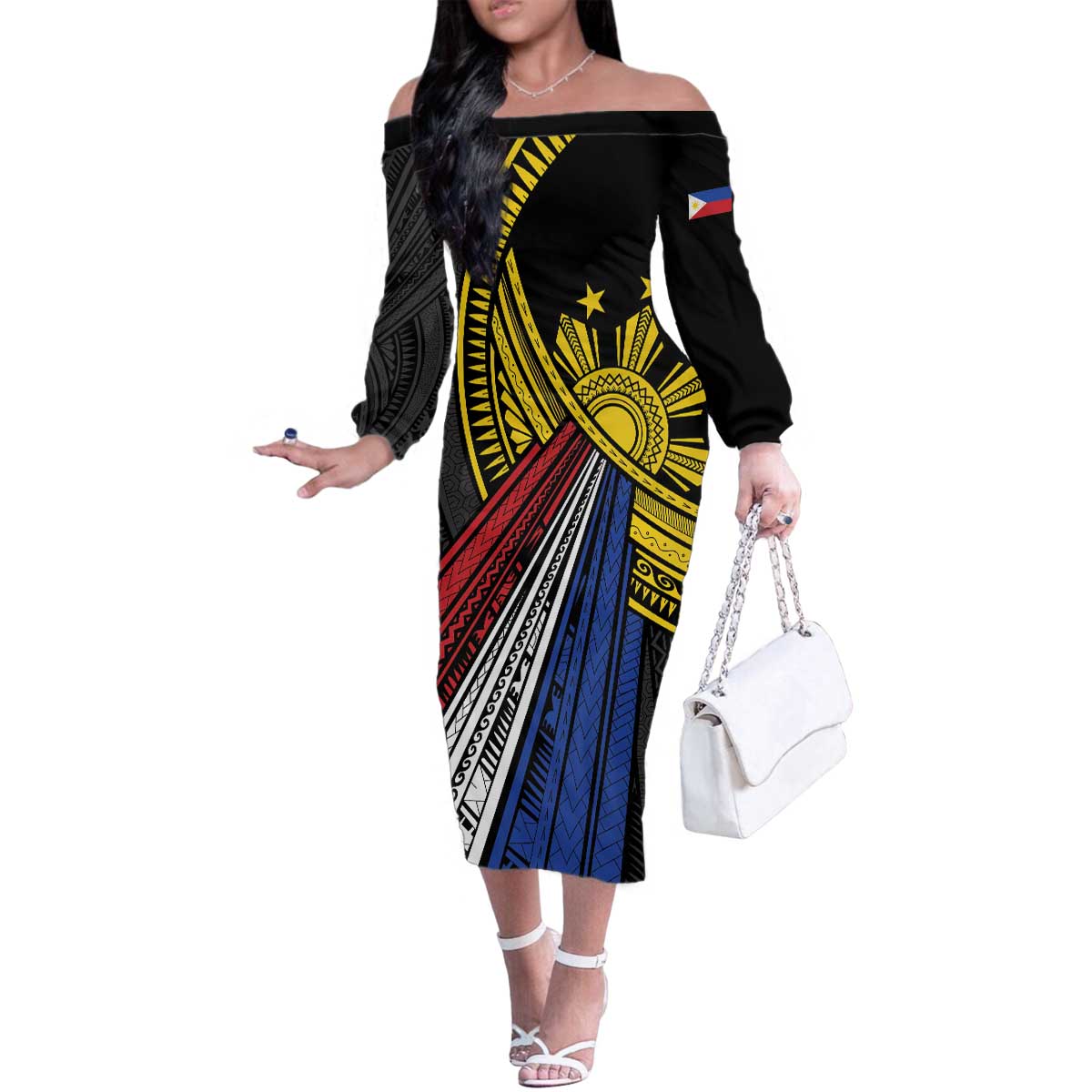 Philippines Sun Family Matching Off The Shoulder Long Sleeve Dress and Hawaiian Shirt Pasifika Tribal Style LT7 Mom's Dress Black - Polynesian Pride