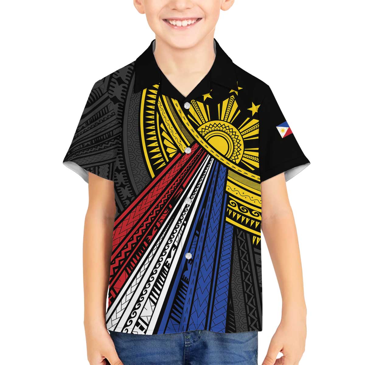 Philippines Sun Family Matching Off The Shoulder Long Sleeve Dress and Hawaiian Shirt Pasifika Tribal Style LT7 Son's Shirt Black - Polynesian Pride