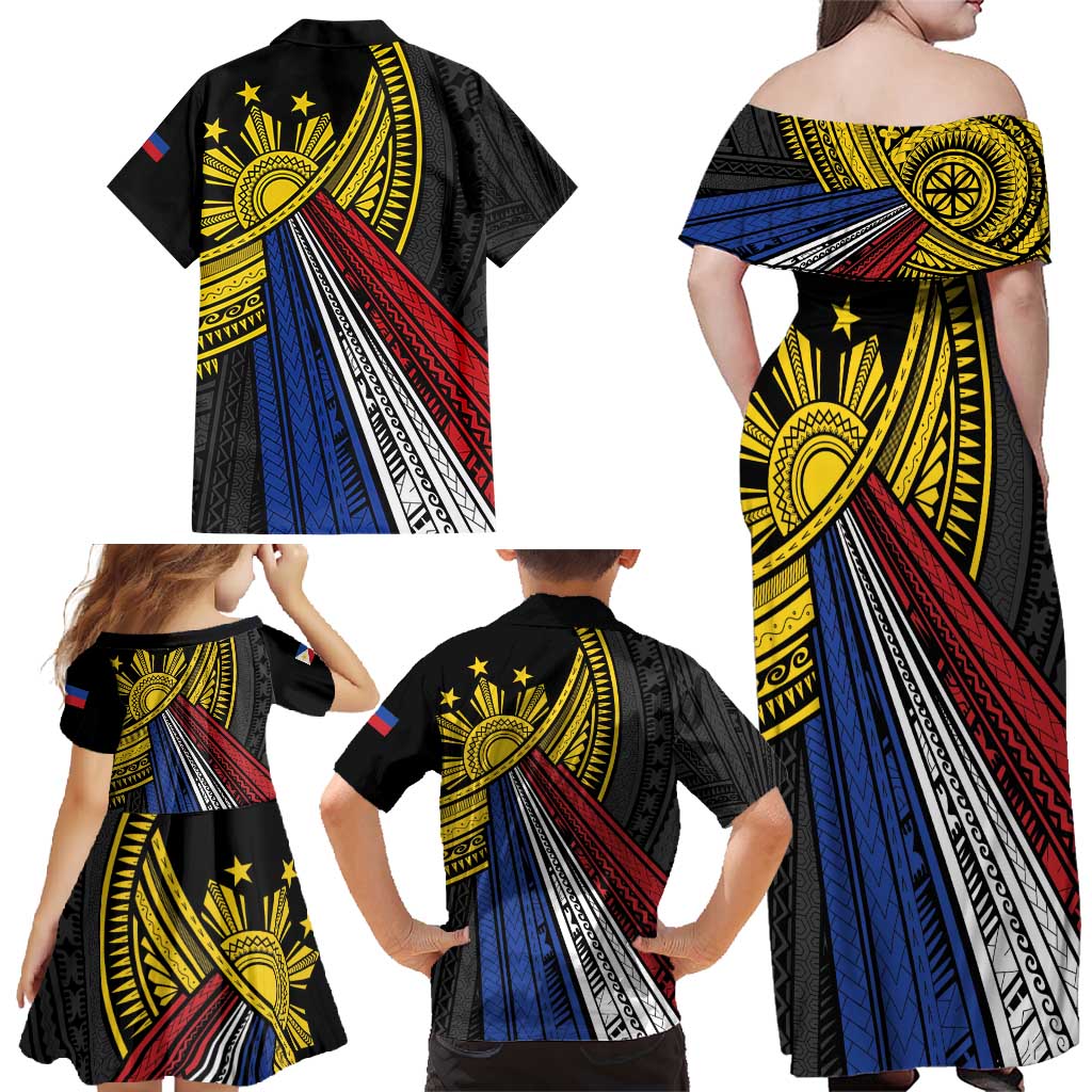 Philippines Sun Family Matching Off Shoulder Maxi Dress and Hawaiian Shirt Pasifika Tribal Style