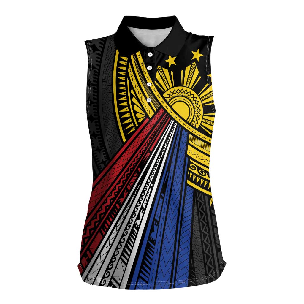 Philippines Sun Women Sleeveless Polo Shirt Pasifika Tribal Style
