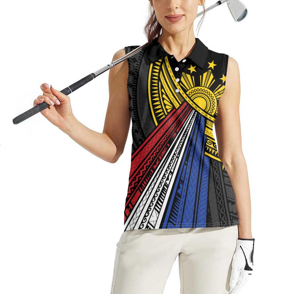 Philippines Sun Women Sleeveless Polo Shirt Pasifika Tribal Style