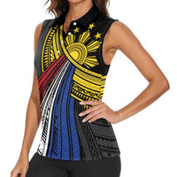 Philippines Sun Women Sleeveless Polo Shirt Pasifika Tribal Style