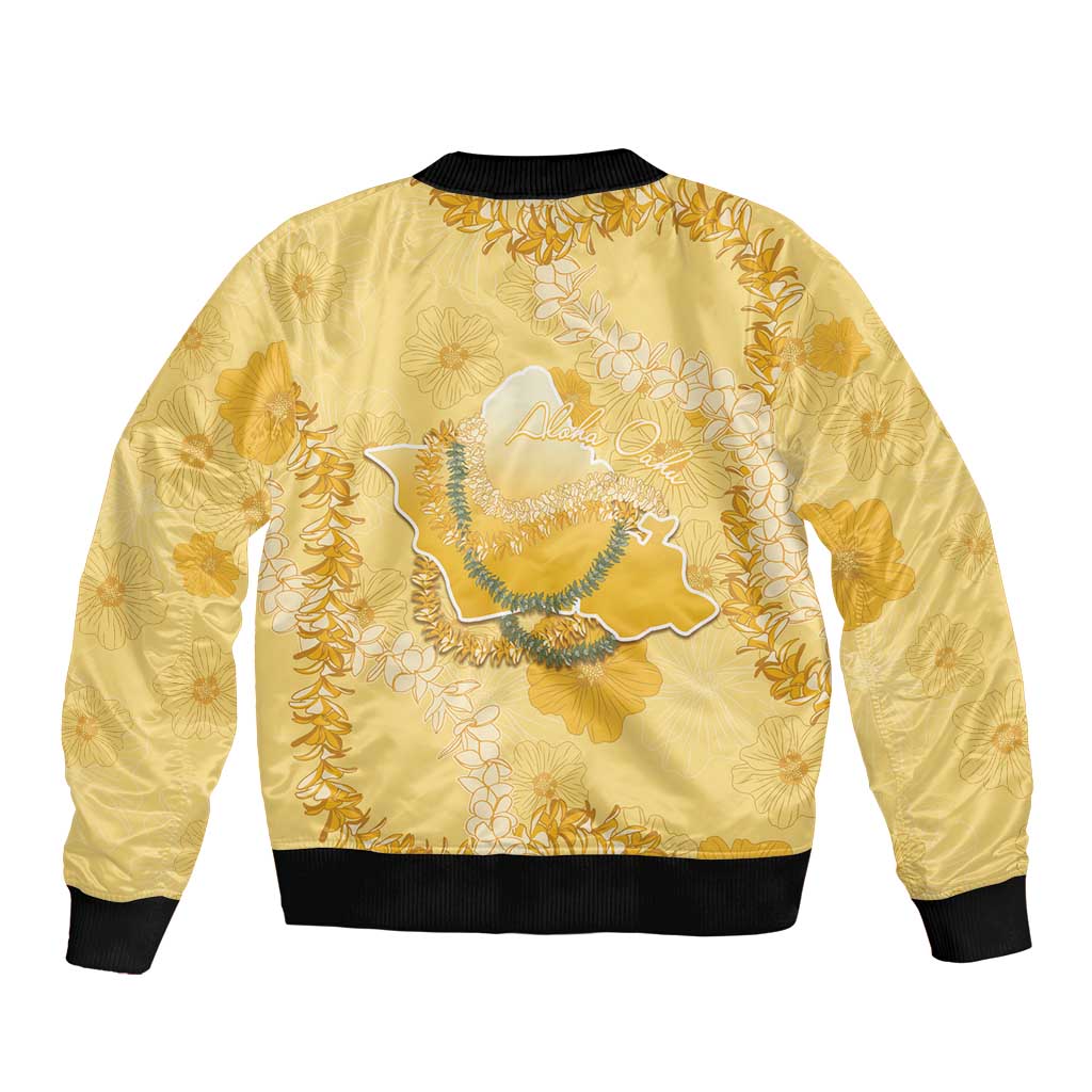 Hawaii Oahu Island Flowers Lei Bomber Jacket Yellow Ilima Mix Plumeria