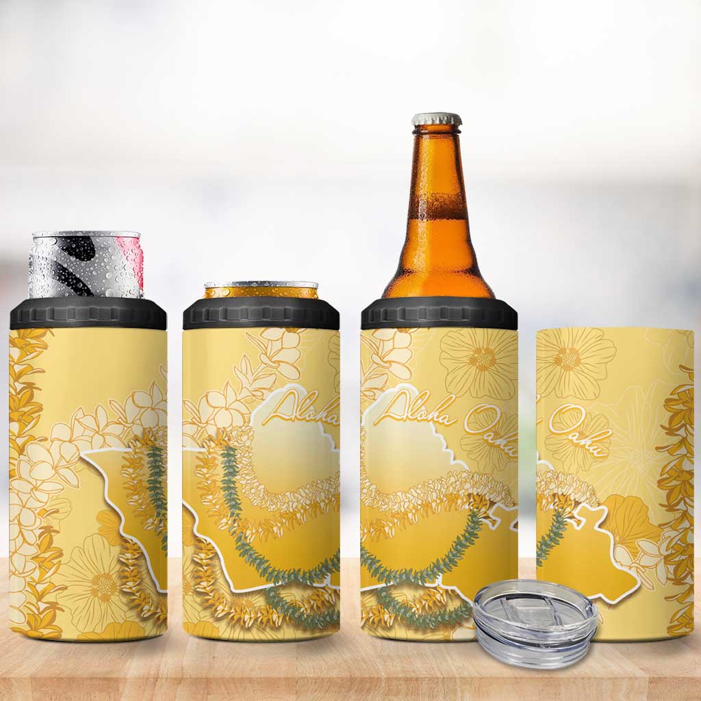 Hawaii Oahu Island Flowers Lei 4 in 1 Can Cooler Tumbler Yellow Ilima Mix Plumeria