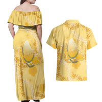 Hawaii Oahu Island Flowers Lei Couples Matching Off Shoulder Maxi Dress and Hawaiian Shirt Yellow Ilima Mix Plumeria LT7 - Polynesian Pride