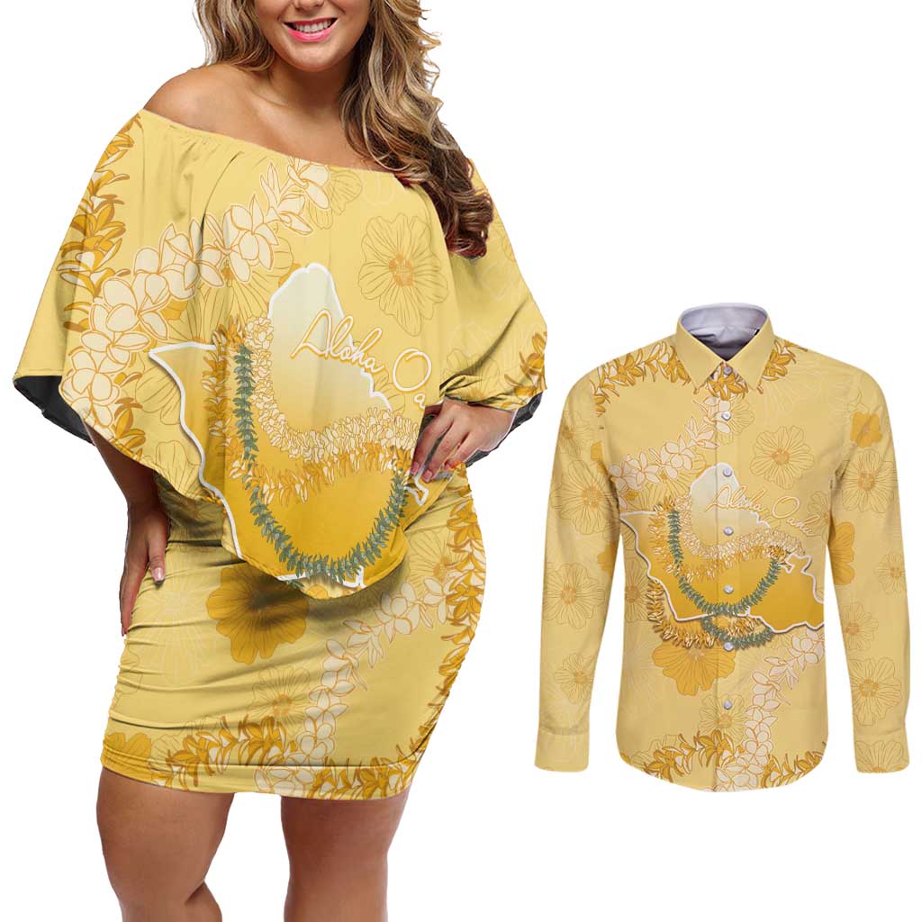 Hawaii Oahu Island Flowers Lei Couples Matching Off Shoulder Short Dress and Long Sleeve Button Shirt Yellow Ilima Mix Plumeria LT7 Yellow - Polynesian Pride