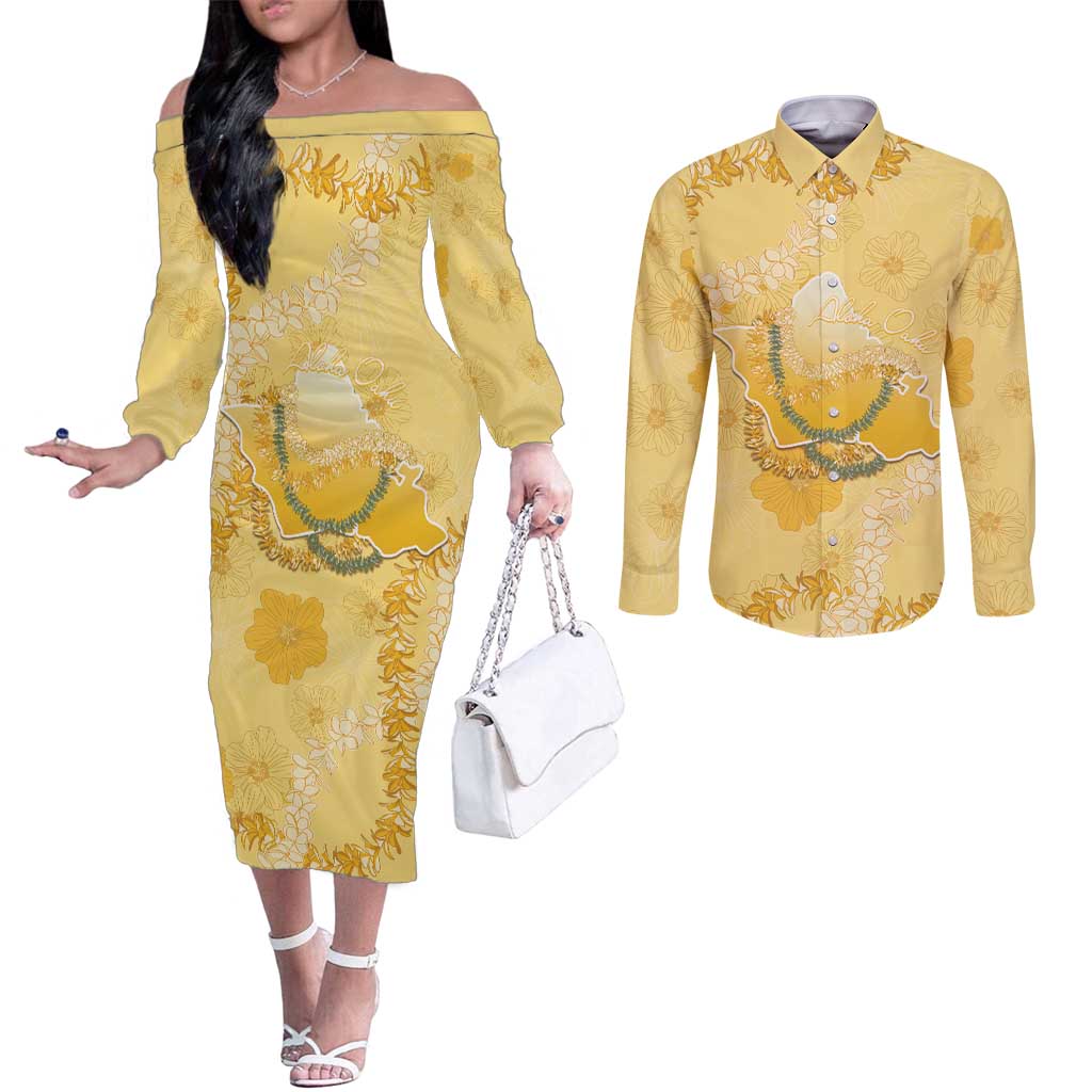 Hawaii Oahu Island Flowers Lei Couples Matching Off The Shoulder Long Sleeve Dress and Long Sleeve Button Shirt Yellow Ilima Mix Plumeria