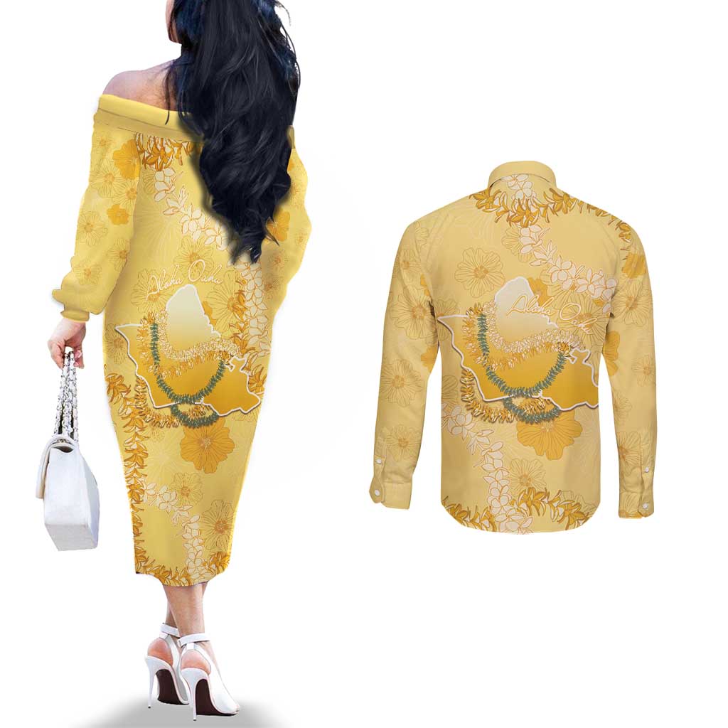 Hawaii Oahu Island Flowers Lei Couples Matching Off The Shoulder Long Sleeve Dress and Long Sleeve Button Shirt Yellow Ilima Mix Plumeria LT7 - Polynesian Pride