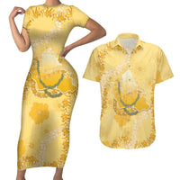 Hawaii Oahu Island Flowers Lei Couples Matching Short Sleeve Bodycon Dress and Hawaiian Shirt Yellow Ilima Mix Plumeria LT7 Yellow - Polynesian Pride