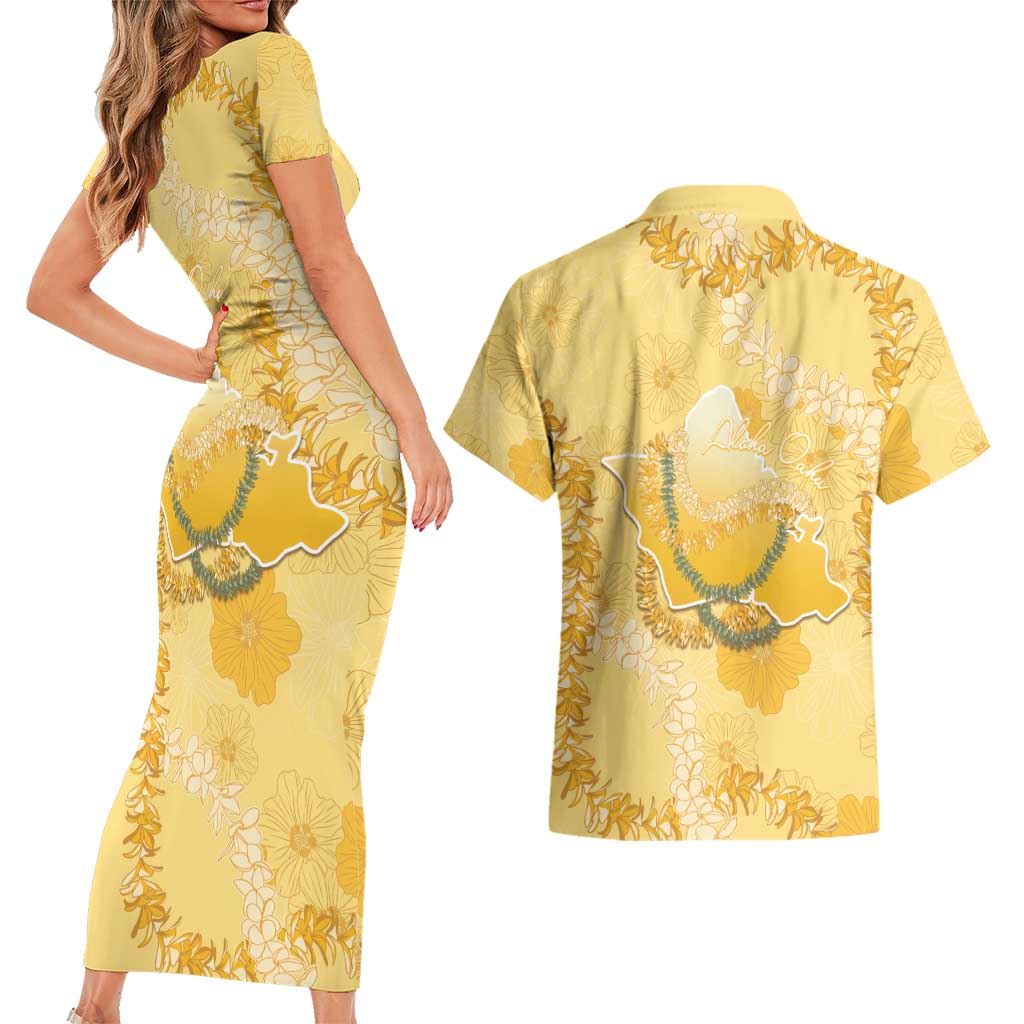 Hawaii Oahu Island Flowers Lei Couples Matching Short Sleeve Bodycon Dress and Hawaiian Shirt Yellow Ilima Mix Plumeria LT7 - Polynesian Pride