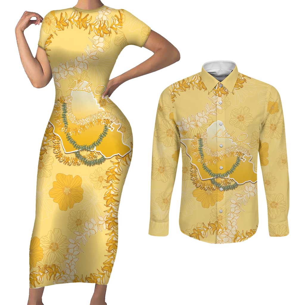 Hawaii Oahu Island Flowers Lei Couples Matching Short Sleeve Bodycon Dress and Long Sleeve Button Shirt Yellow Ilima Mix Plumeria LT7 Yellow - Polynesian Pride
