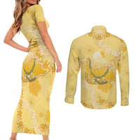 Hawaii Oahu Island Flowers Lei Couples Matching Short Sleeve Bodycon Dress and Long Sleeve Button Shirt Yellow Ilima Mix Plumeria LT7 - Polynesian Pride