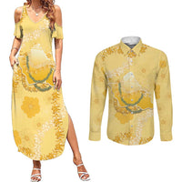 Hawaii Oahu Island Flowers Lei Couples Matching Summer Maxi Dress and Long Sleeve Button Shirt Yellow Ilima Mix Plumeria LT7 Yellow - Polynesian Pride