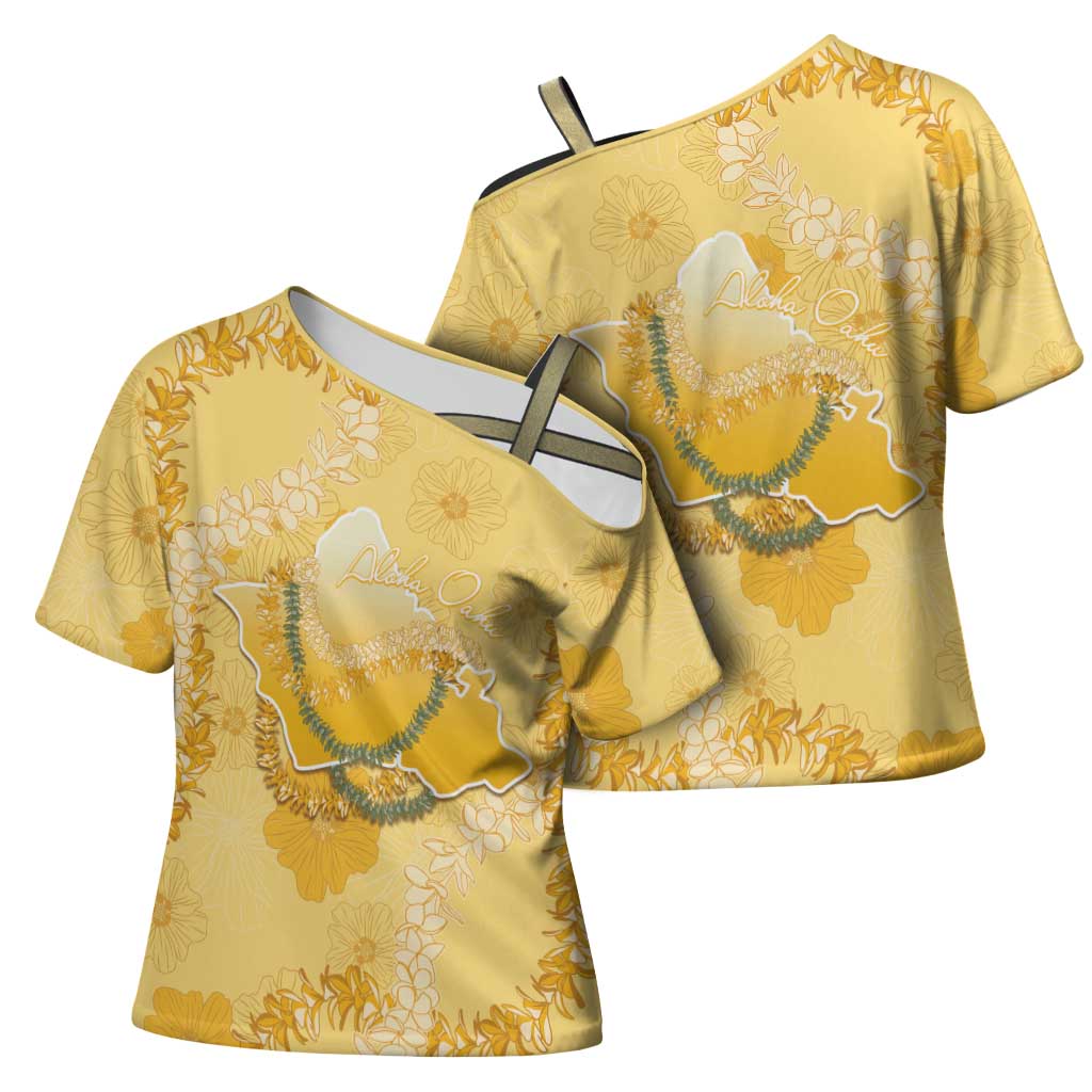 Hawaii Oahu Island Flowers Lei Cross Shoulder Shirt Yellow Ilima Mix Plumeria