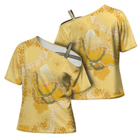 Hawaii Oahu Island Flowers Lei Cross Shoulder Shirt Yellow Ilima Mix Plumeria