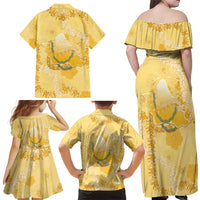 Hawaii Oahu Island Flowers Lei Family Matching Off Shoulder Maxi Dress and Hawaiian Shirt Yellow Ilima Mix Plumeria LT7 - Polynesian Pride