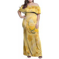 Hawaii Oahu Island Flowers Lei Family Matching Off Shoulder Maxi Dress and Hawaiian Shirt Yellow Ilima Mix Plumeria LT7 Mom's Dress Yellow - Polynesian Pride