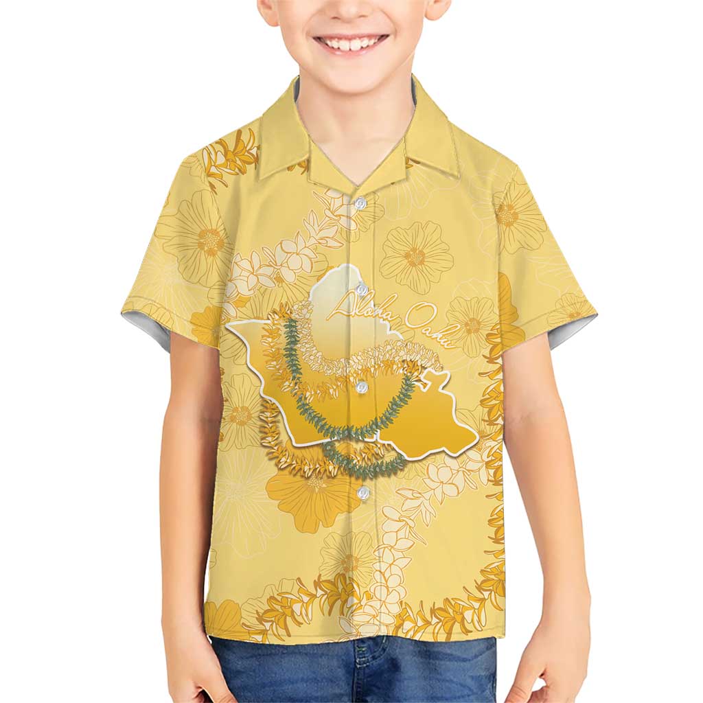 Hawaii Oahu Island Flowers Lei Family Matching Off Shoulder Maxi Dress and Hawaiian Shirt Yellow Ilima Mix Plumeria LT7 Son's Shirt Yellow - Polynesian Pride