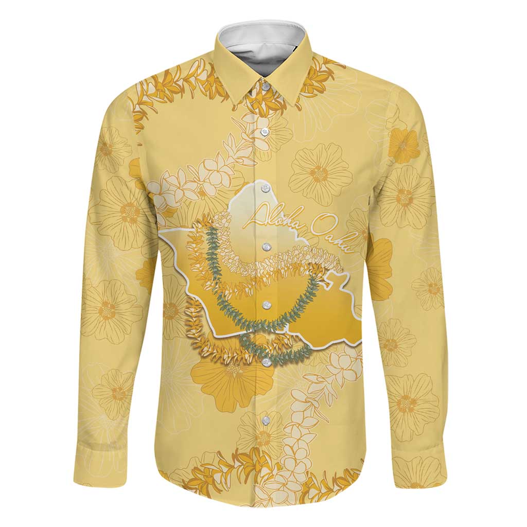 Hawaii Oahu Island Flowers Lei Family Matching Off Shoulder Short Dress and Hawaiian Shirt Yellow Ilima Mix Plumeria LT7 Dad's Shirt - Long Sleeve Yellow - Polynesian Pride