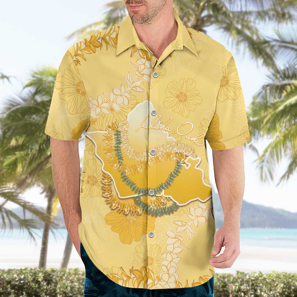 Hawaii Oahu Island Flowers Lei Hawaiian Shirt Yellow Ilima Mix Plumeria