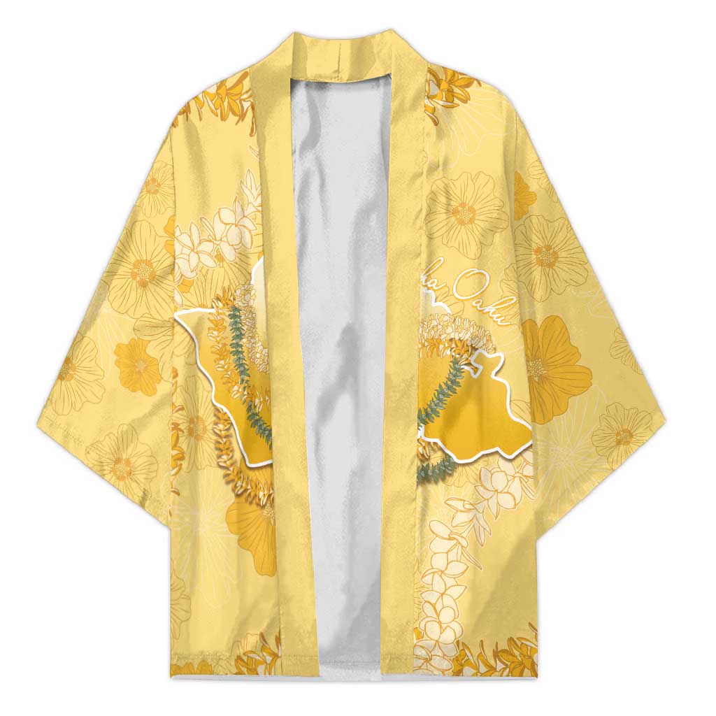 Hawaii Oahu Island Flowers Lei Kimono Yellow Ilima Mix Plumeria