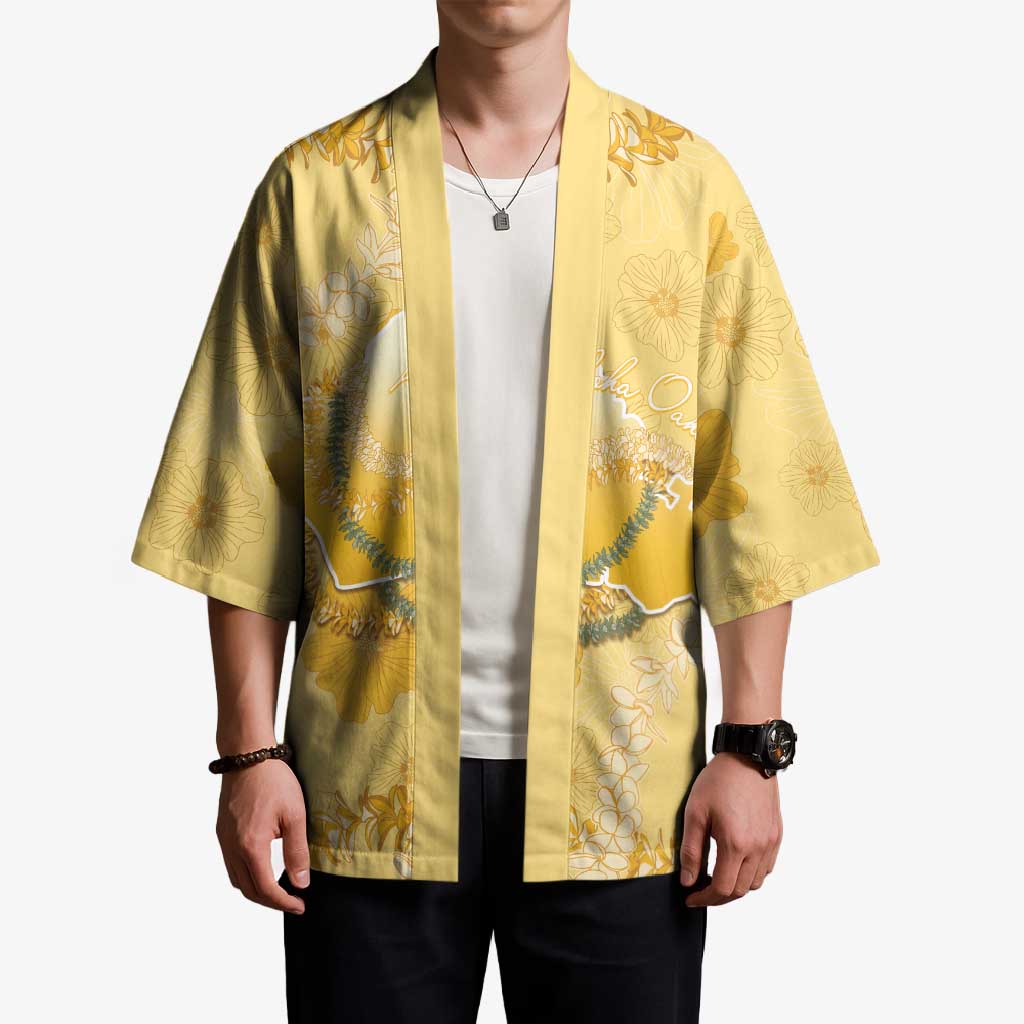 Hawaii Oahu Island Flowers Lei Kimono Yellow Ilima Mix Plumeria