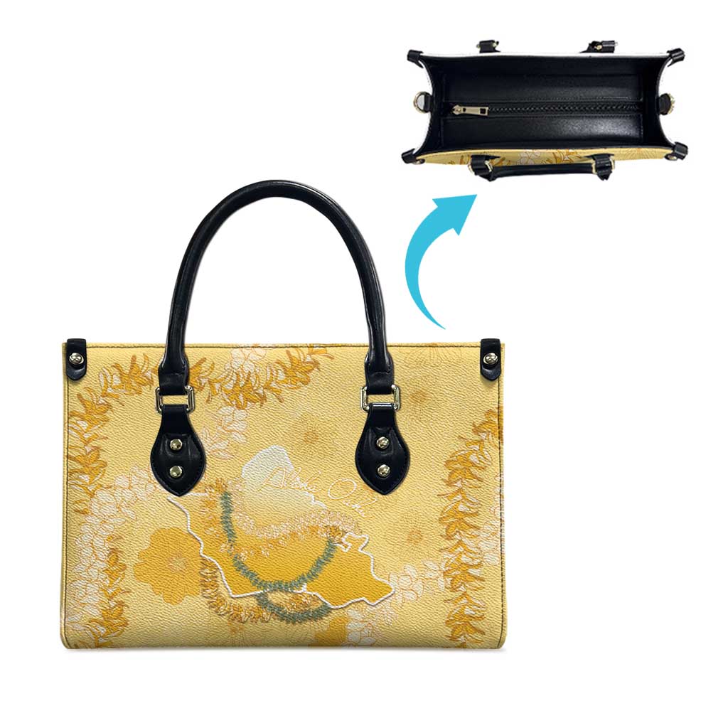 Hawaii Oahu Island Flowers Lei Leather Bag Yellow Ilima Mix Plumeria