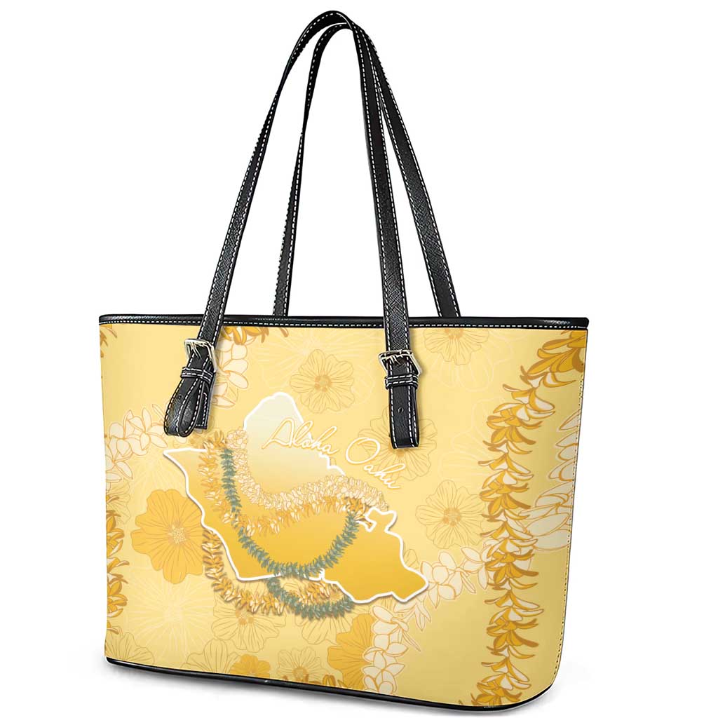 Hawaii Oahu Island Flowers Lei Leather Tote Bag Yellow Ilima Mix Plumeria