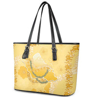 Hawaii Oahu Island Flowers Lei Leather Tote Bag Yellow Ilima Mix Plumeria