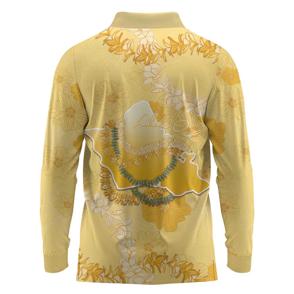 Hawaii Oahu Island Flowers Lei Long Sleeve Polo Shirt Yellow Ilima Mix Plumeria