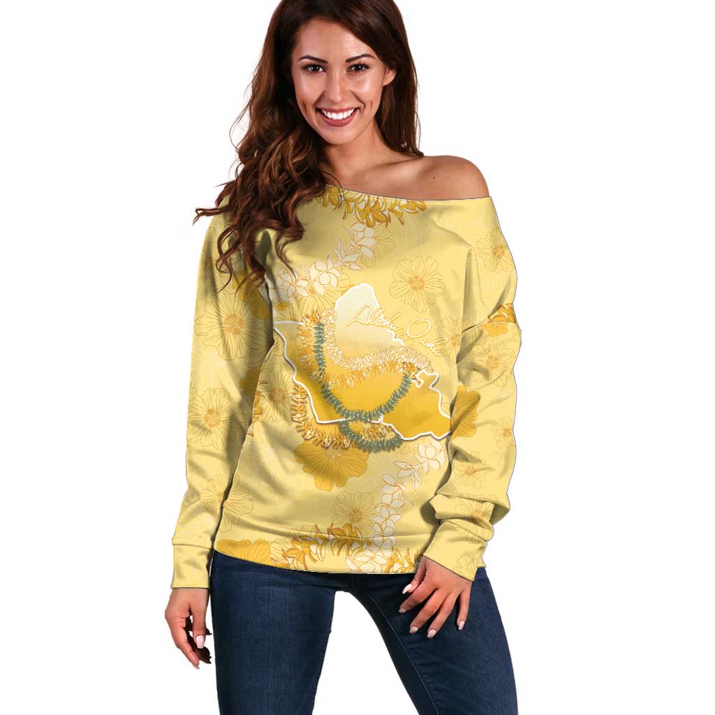 Hawaii Oahu Island Flowers Lei Off Shoulder Sweater Yellow Ilima Mix Plumeria
