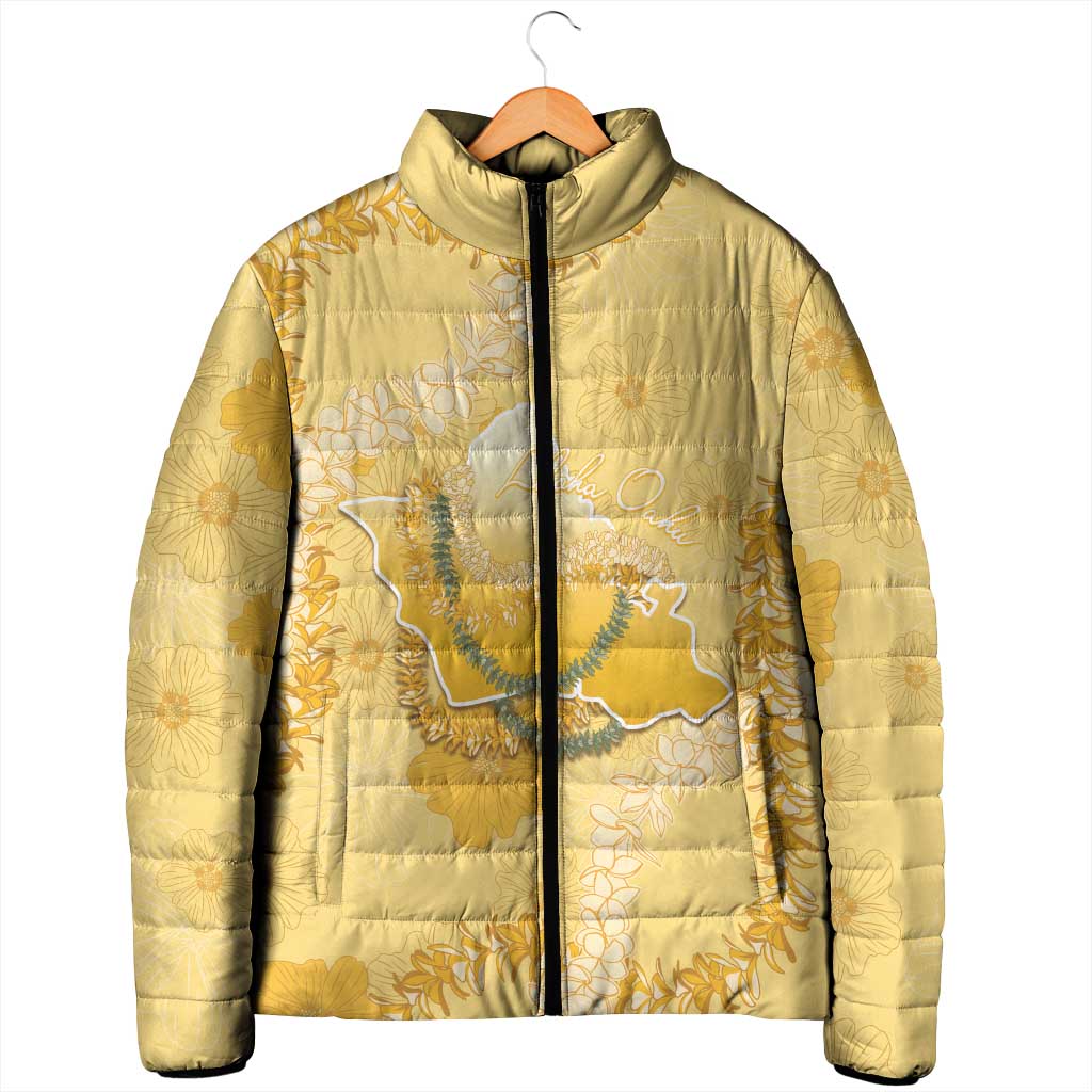 Hawaii Oahu Island Flowers Lei Padded Jacket Yellow Ilima Mix Plumeria