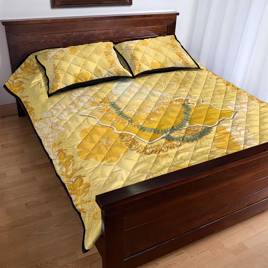 Hawaii Oahu Island Flowers Lei Quilt Bed Set Yellow Ilima Mix Plumeria
