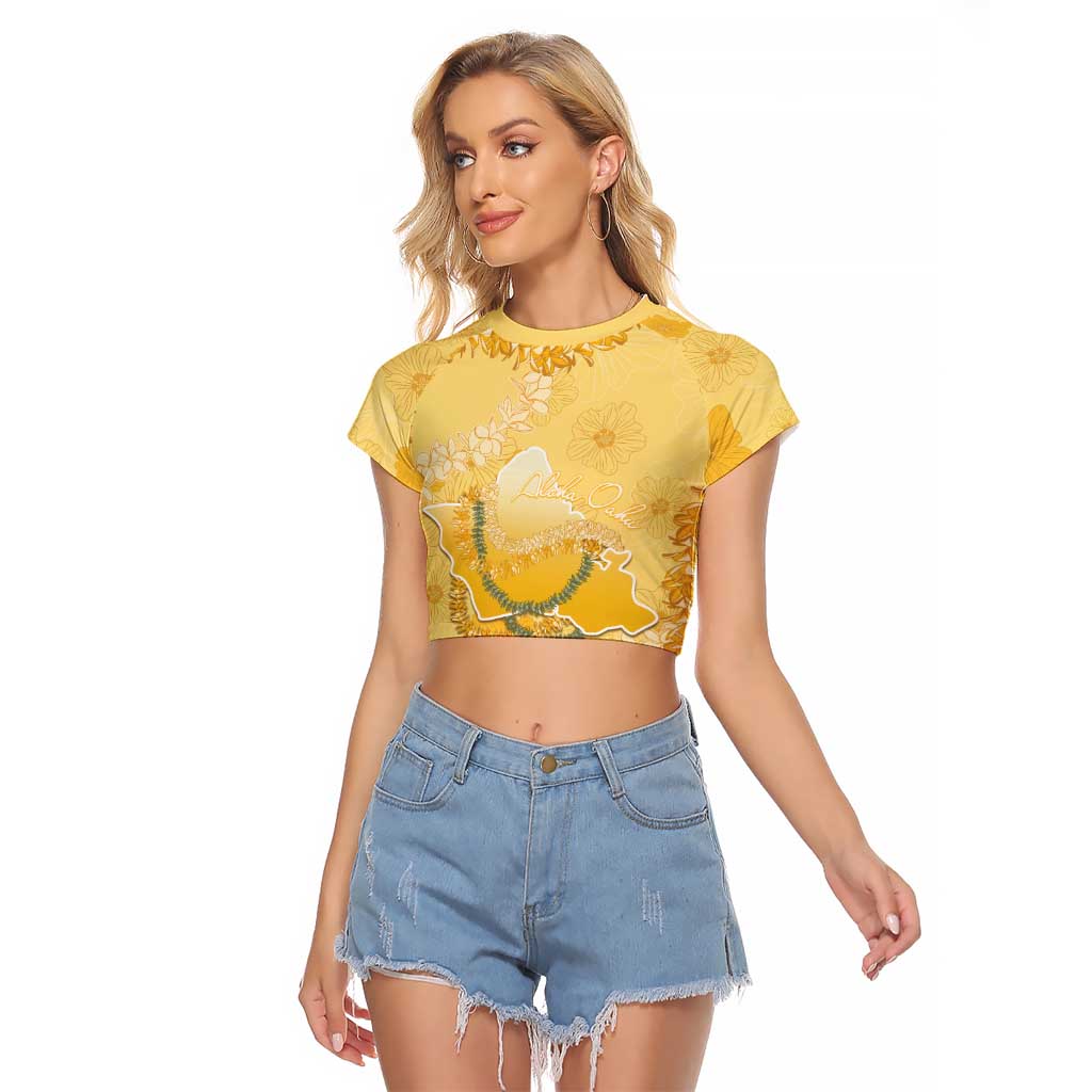 Hawaii Oahu Island Flowers Lei Raglan Cropped T Shirt Yellow Ilima Mix Plumeria