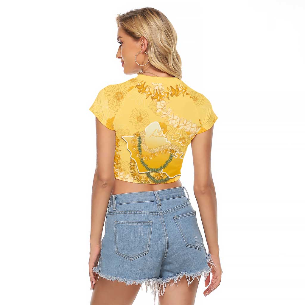 Hawaii Oahu Island Flowers Lei Raglan Cropped T Shirt Yellow Ilima Mix Plumeria