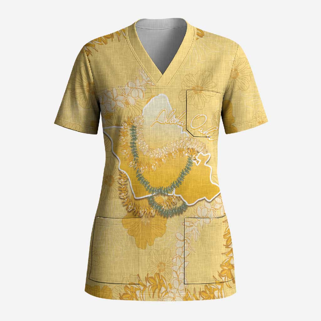 Hawaii Oahu Island Flowers Lei Scrub Top Yellow Ilima Mix Plumeria